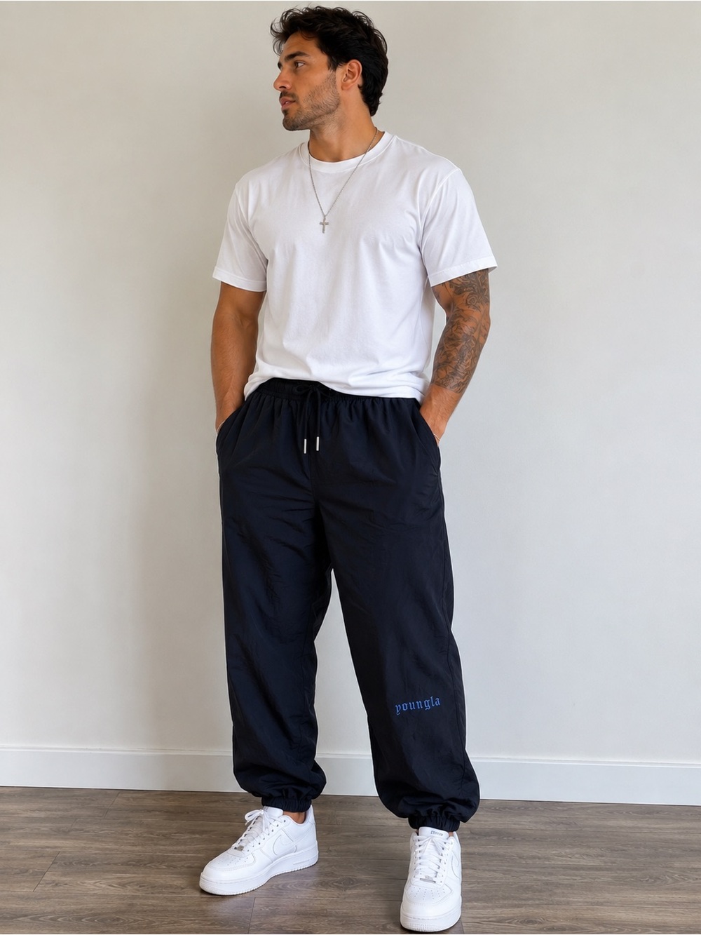 YOUNGLA Black Nylon Track Pants Joggers Unisex Size XL – Lined